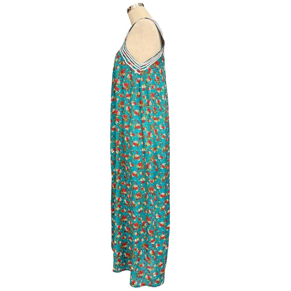 Vintage Cottagecore Floral Maxi Dress Handmade MuuMuu Style Teal S/M - Picture 2 of 10